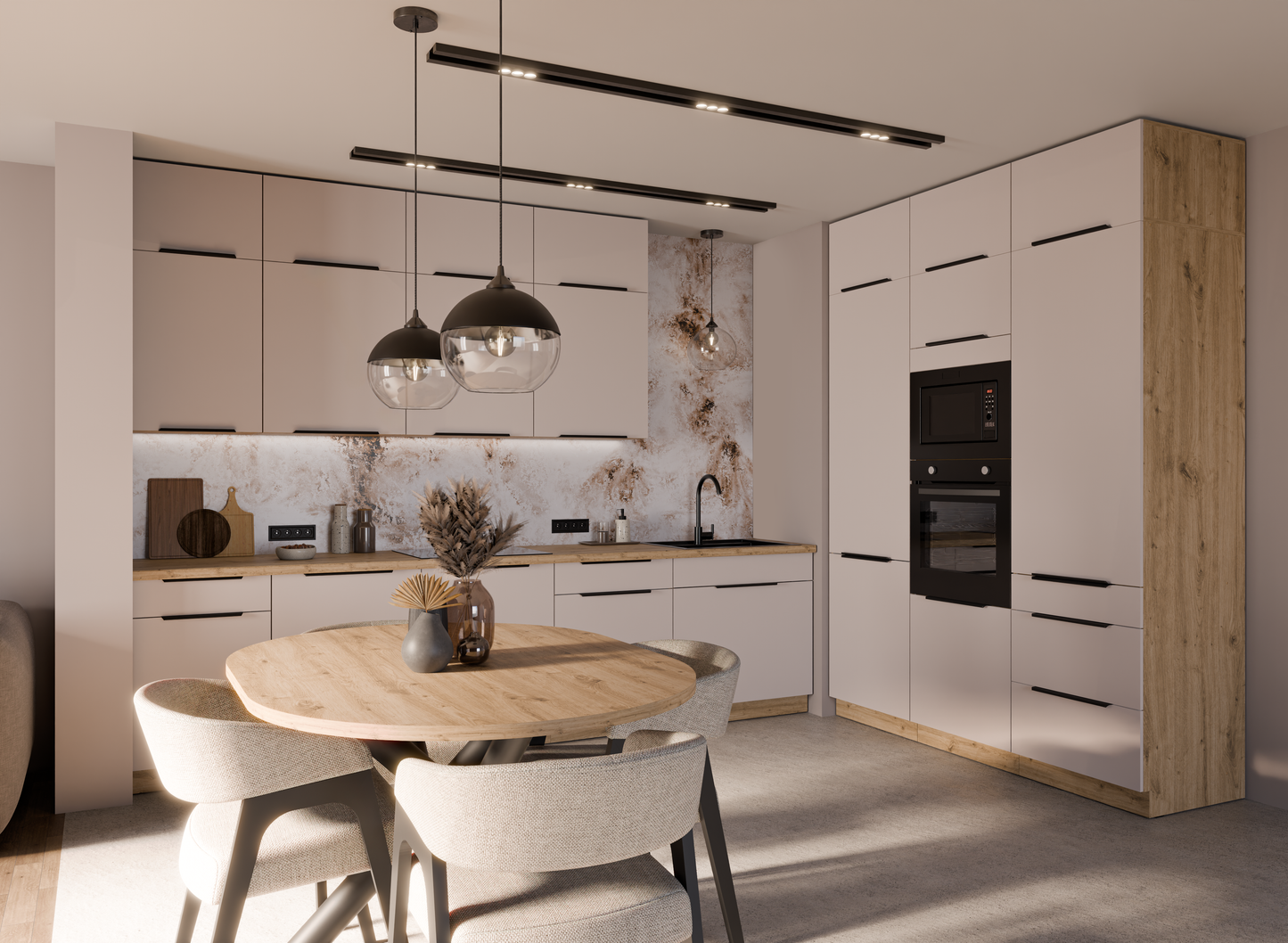 Cocina Soledad – Diseño elegante en blanco, cashmere y roble, personalizable a tu espacio