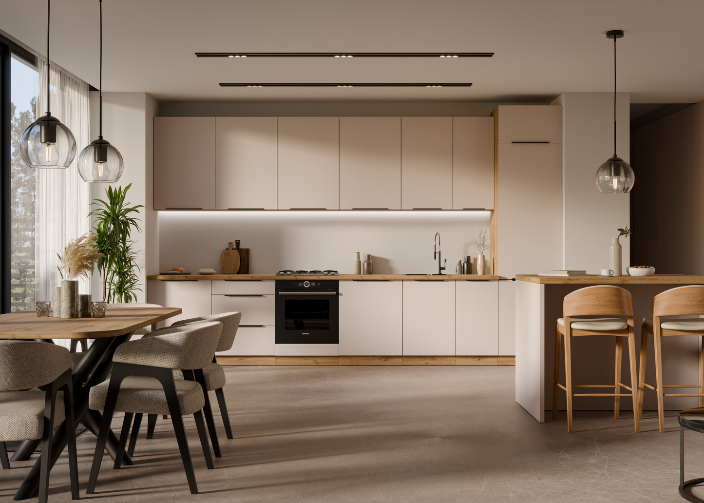 Cocina Soledad – Diseño elegante en blanco, cashmere y roble, personalizable a tu espacio