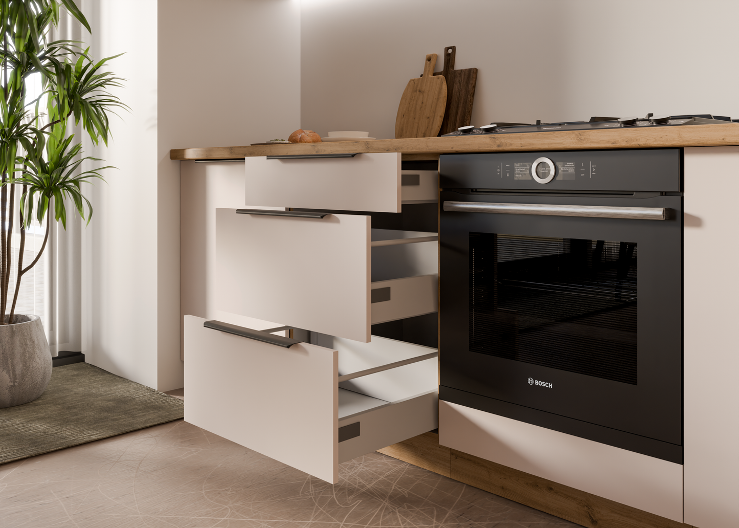 Cocina Soledad – Diseño elegante en blanco, cashmere y roble, personalizable a tu espacio