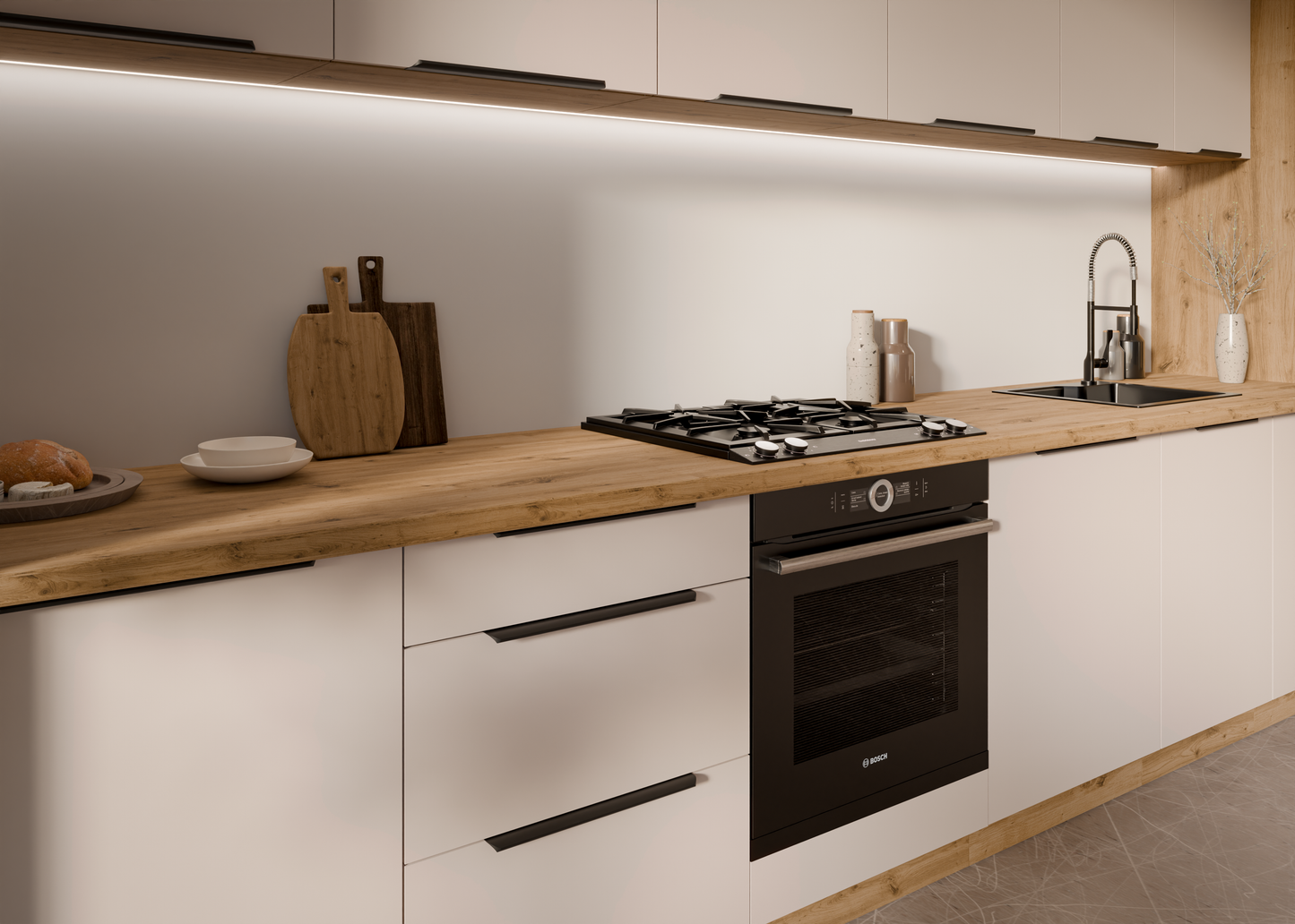 Cocina Soledad – Diseño elegante en blanco, cashmere y roble, personalizable a tu espacio