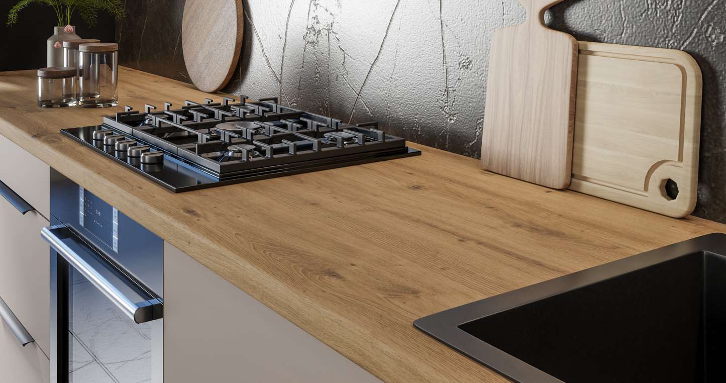 Cocina Soledad – Diseño elegante en blanco, cashmere y roble, personalizable a tu espacio