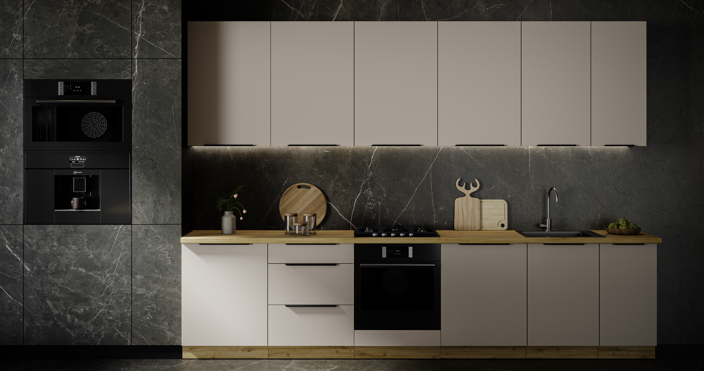 Cocina Soledad – Diseño elegante en blanco, cashmere y roble, personalizable a tu espacio