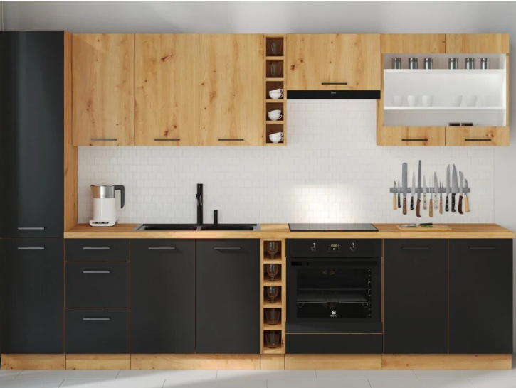Cocina Valeria – Diseño en roble y negro, personalizable a tu espacio