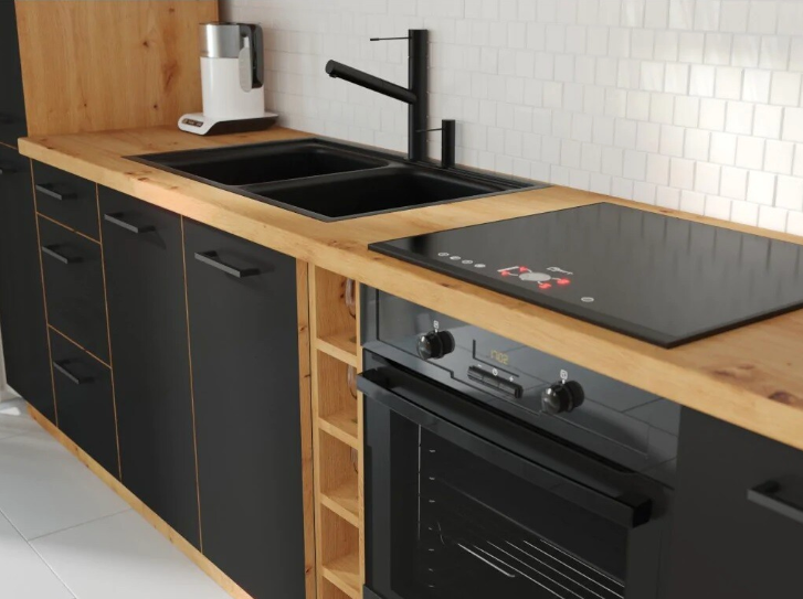 Cocina Valeria – Diseño en roble y negro, personalizable a tu espacio