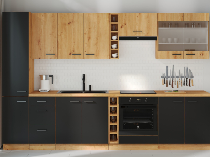 Cocina Valeria – Diseño en roble y negro, personalizable a tu espacio