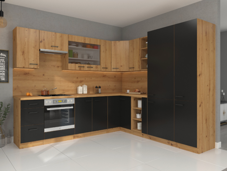 Cocina Valeria – Diseño en roble y negro, personalizable a tu espacio